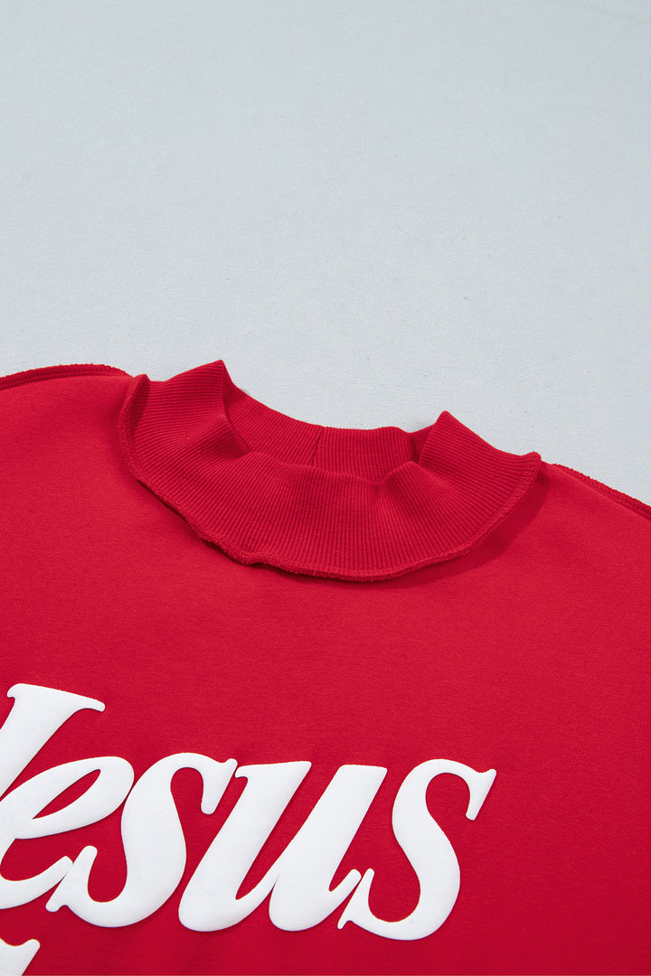 Fiery Red Jesus Saves Slogan Print Stand Neck Baggy Sweatshirt