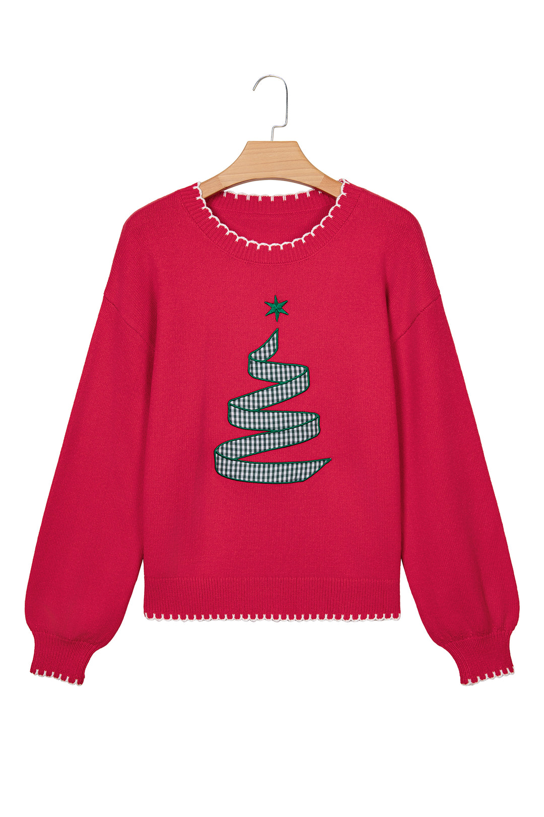 Racing Red Stitched Detail Christmas Tree Holiday Casual Sweater