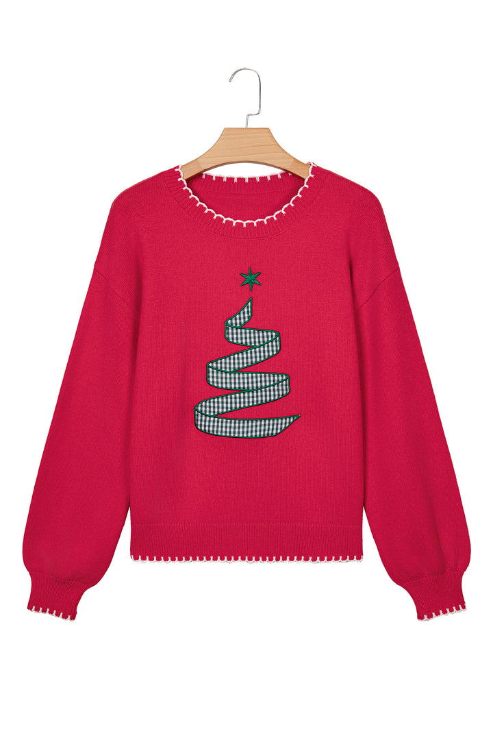 Racing Red Stitched Detail Christmas Tree Holiday Casual Sweater