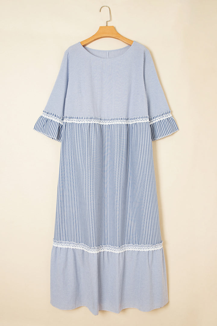 Sky Blue Stripe Crisscross Lace Detail Plus Size Shift Long Dress