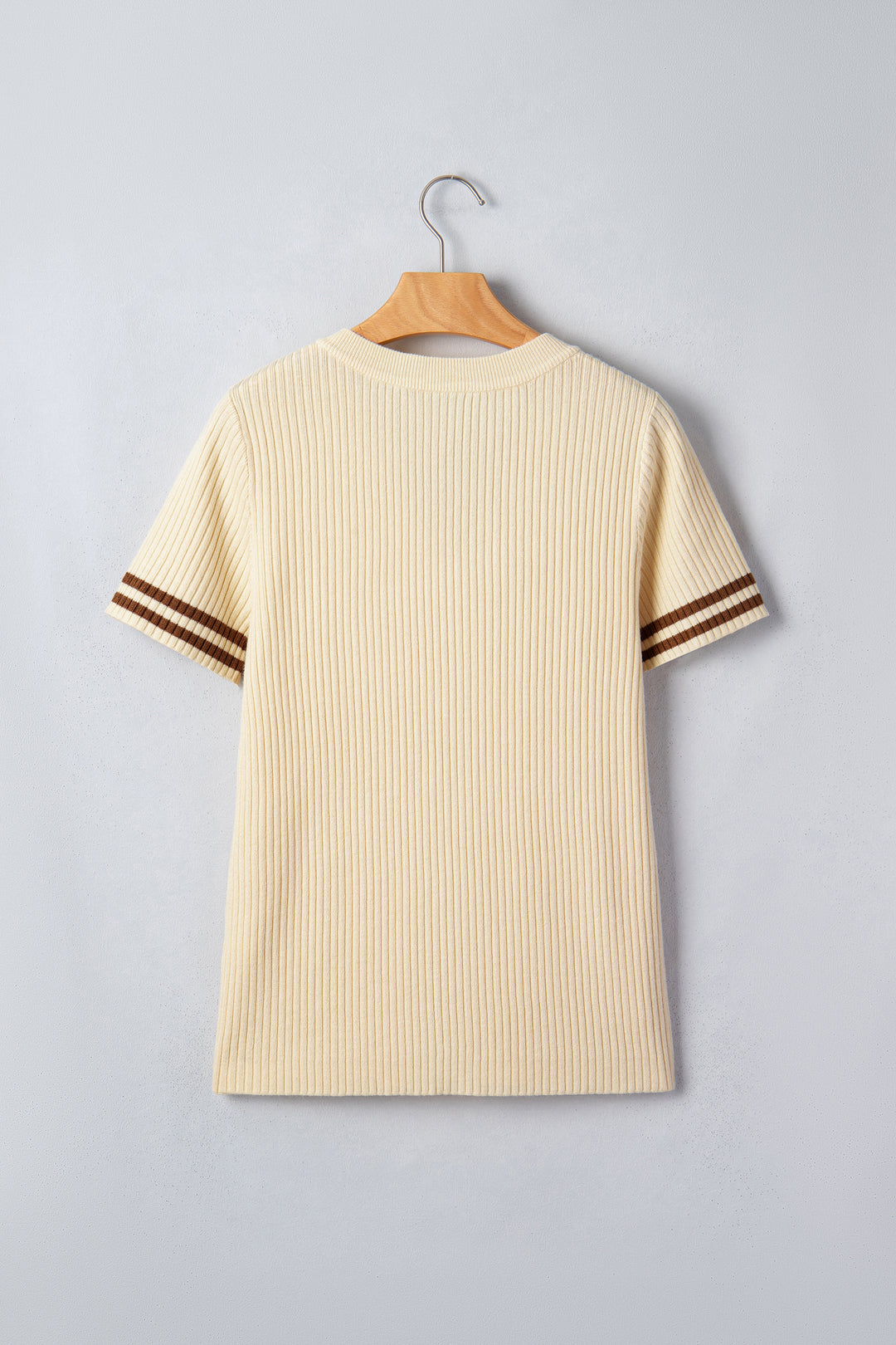 Apricot V Neck Ribbed Knit Striped Trim Short Sleeve Sweater