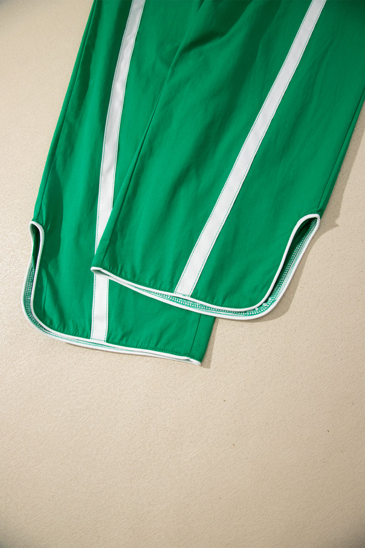 Bright Green Contrast Striped Smocked Waist Drawstring Cropped Casual Pants