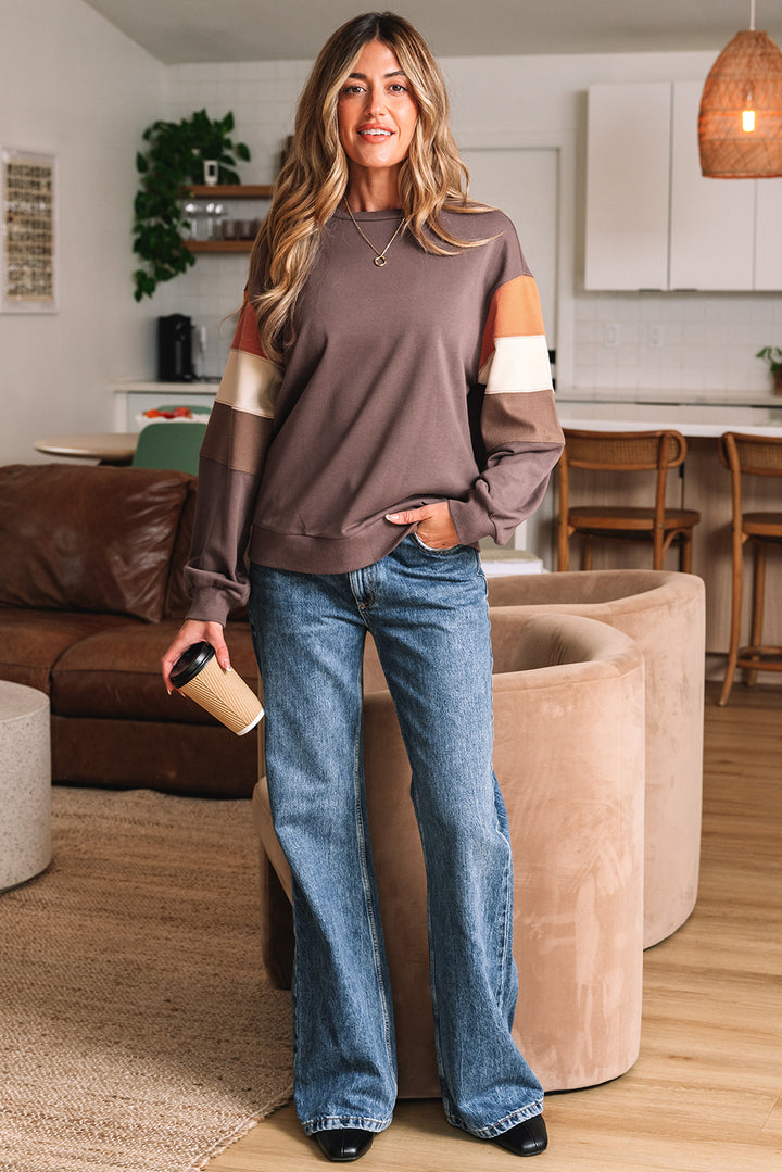 Color Block Drop Shoulder Pullover Casual Sweatshirt