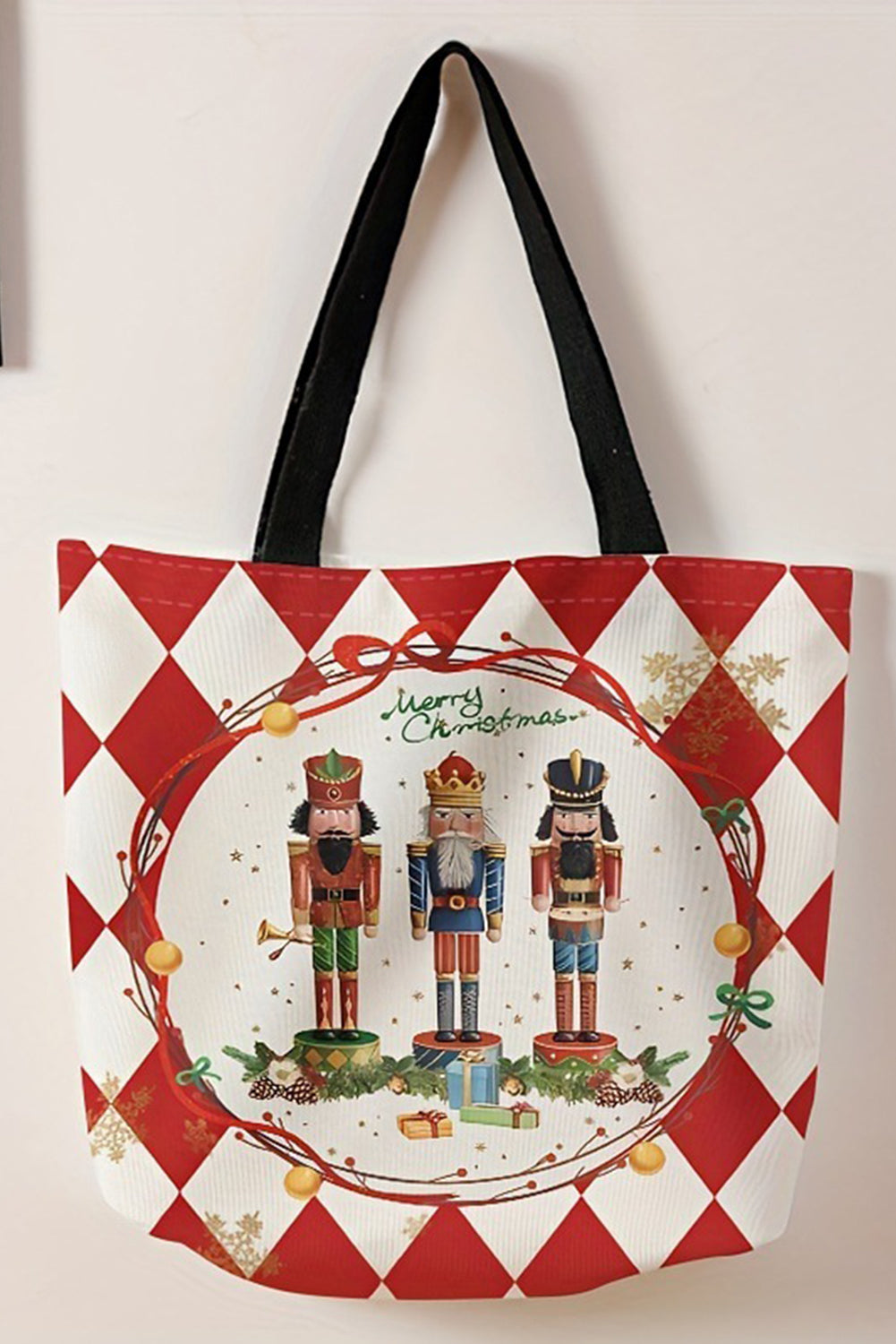 Karierte Schultertasche aus Segeltuch mit „Merry Christmas“-Nussknacker-Aufdruck