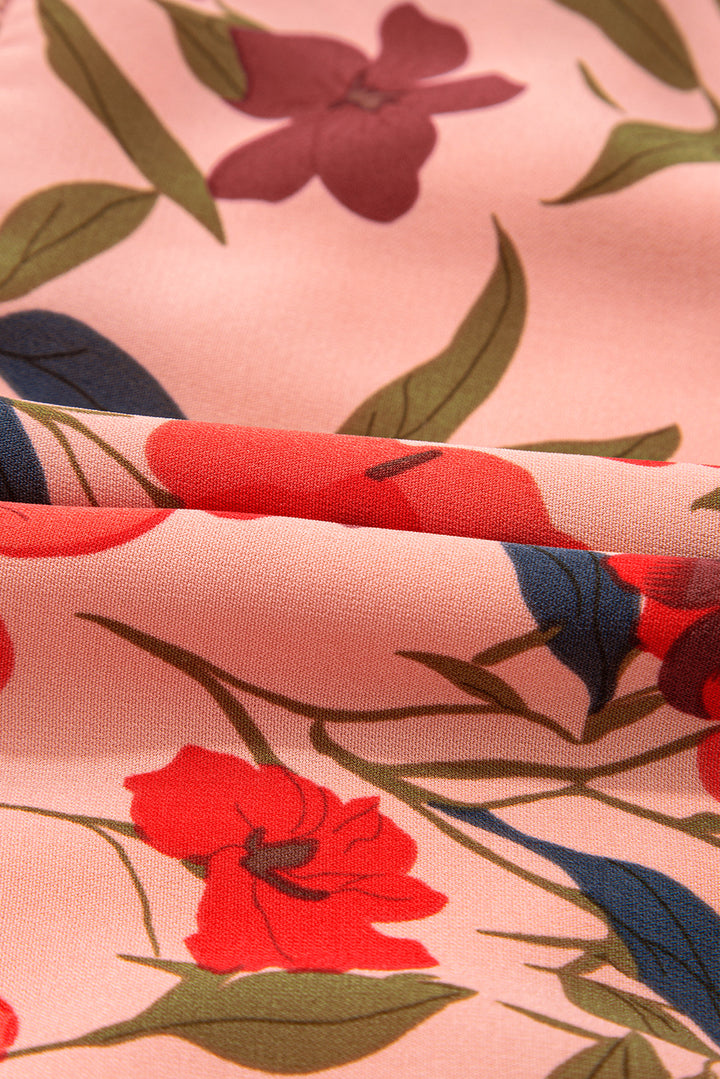 Red Floral Print Wrap V Neck Short Sleeve High Waistband Mini Dress