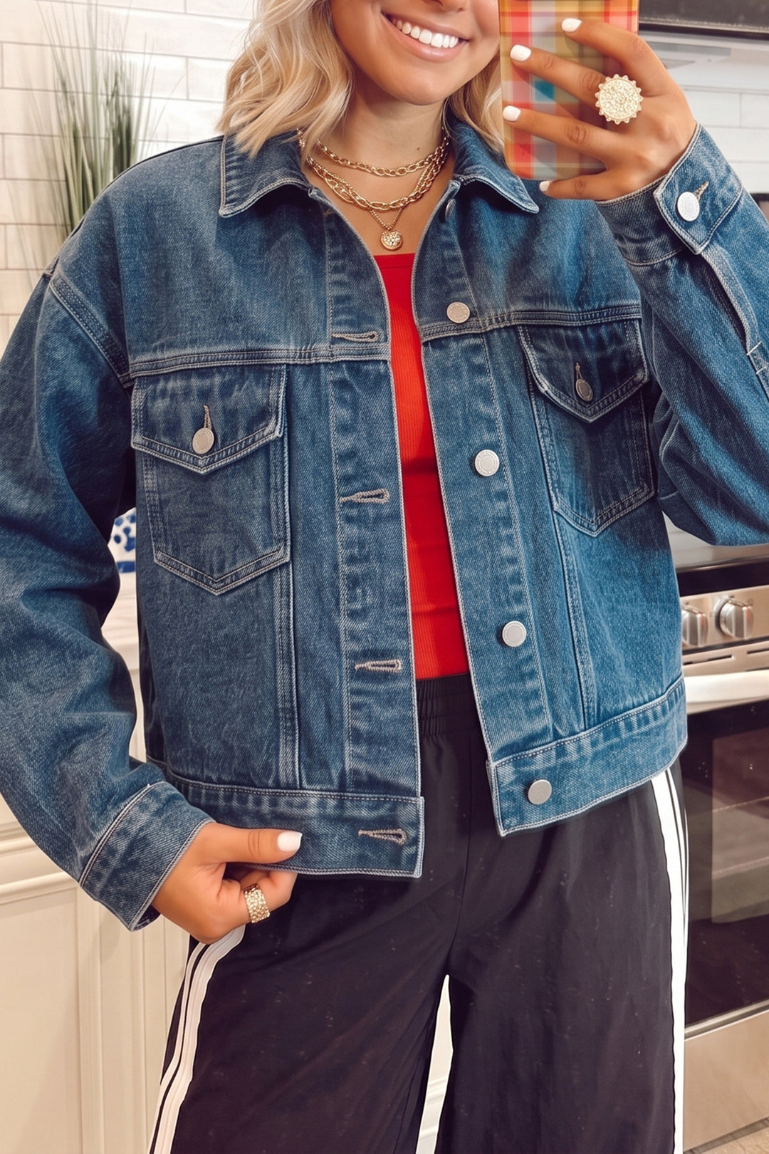 Navy Blue Vintage Button Flap Pocket Casual Denim Jacket