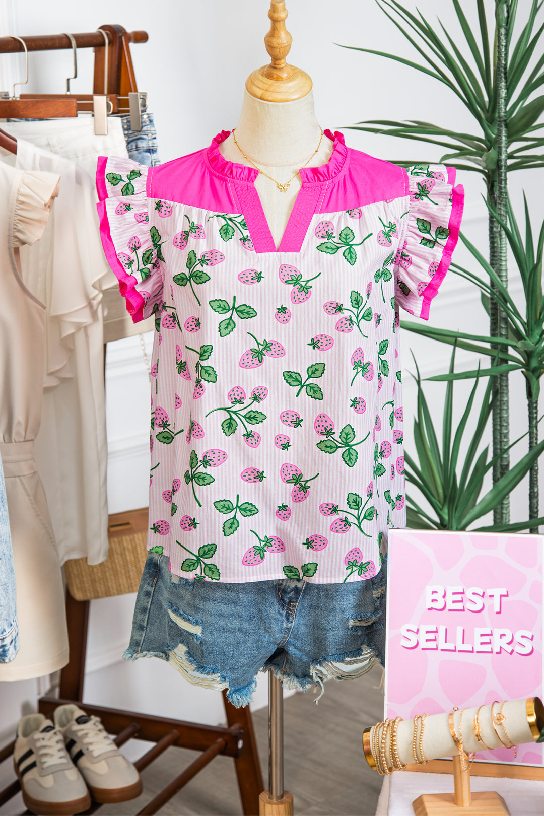 Striped Strawberry Printed Color Block Patchwork V Neck Flutter Sleeve Blouse