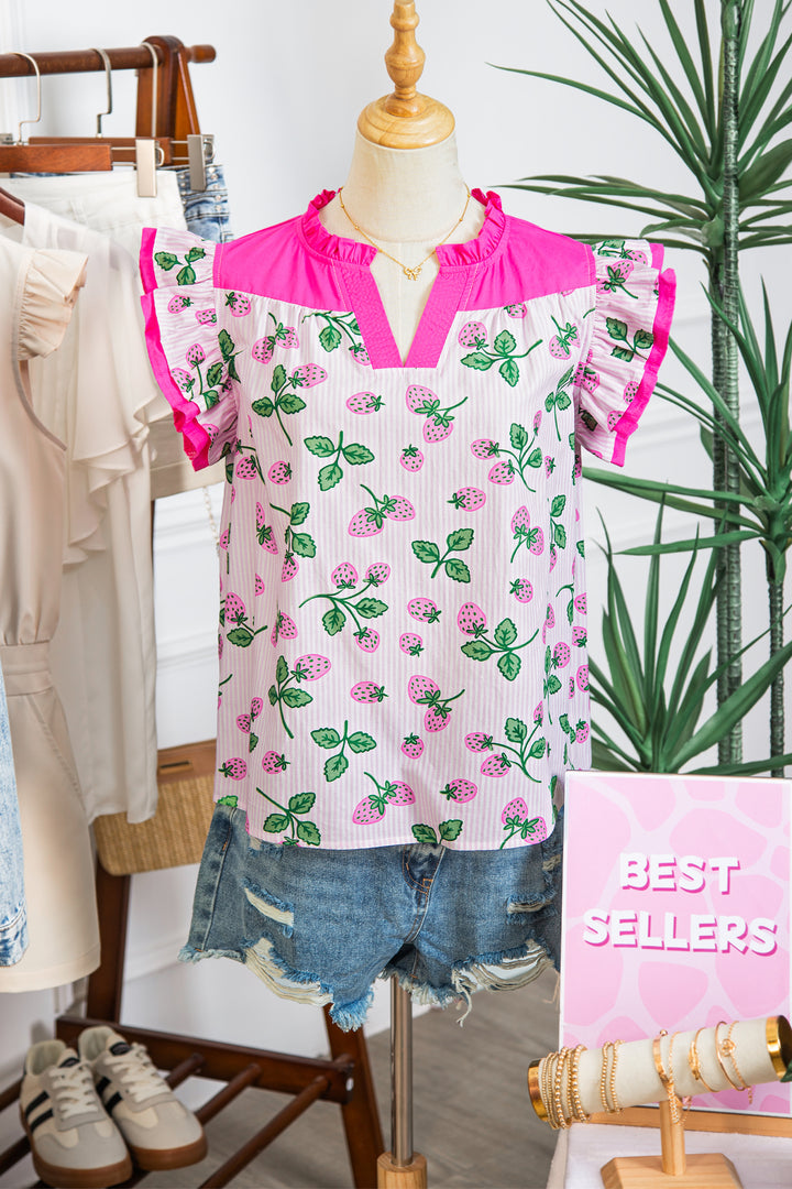 Striped Strawberry Printed Color Block Patchwork V Neck Flutter Sleeve Blouse
