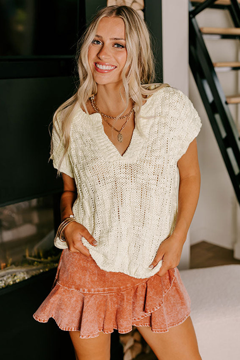 Notched V Neck Short Sleeve Sweater