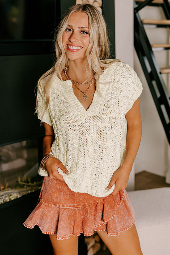 Notched V Neck Short Sleeve Sweater