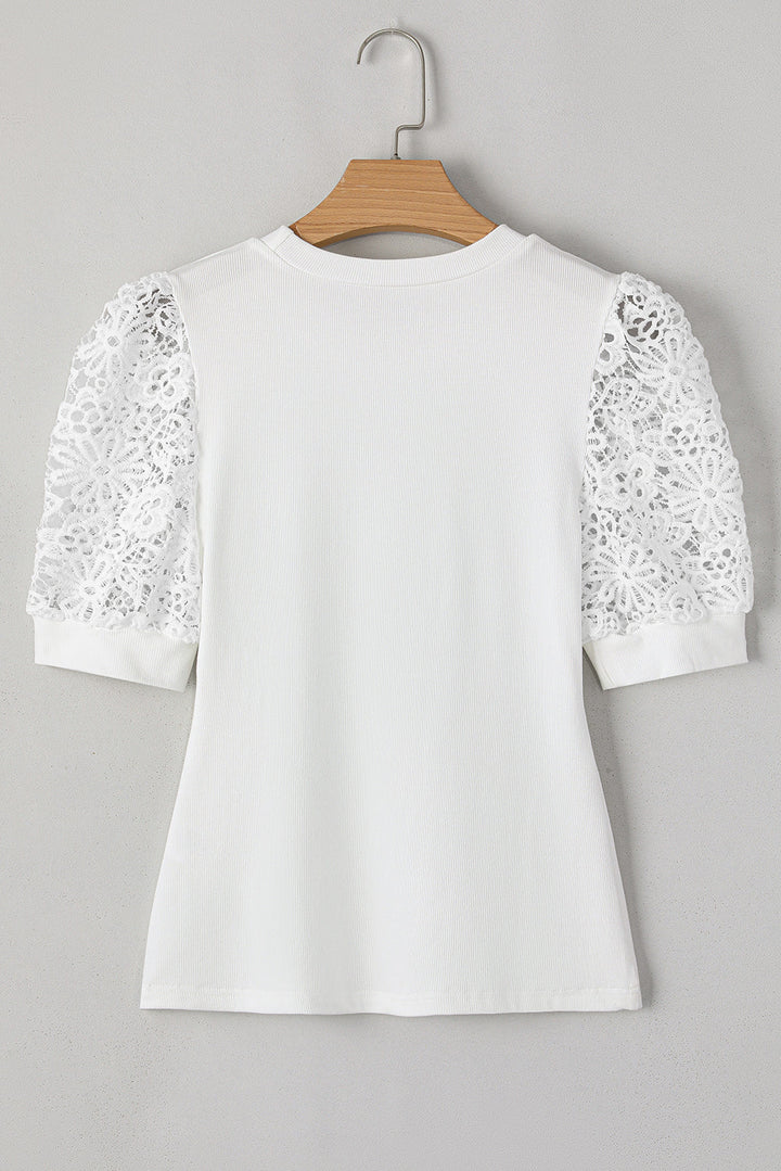 Lace Floral Patchwork Ribbed Knit Half Sleeve T Shirt