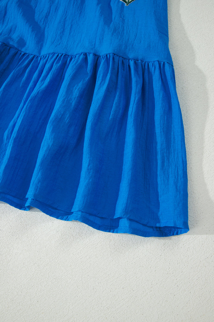 Blue Flower Embroidered Split Neck Short Sleeve Ruffle Hem Dress