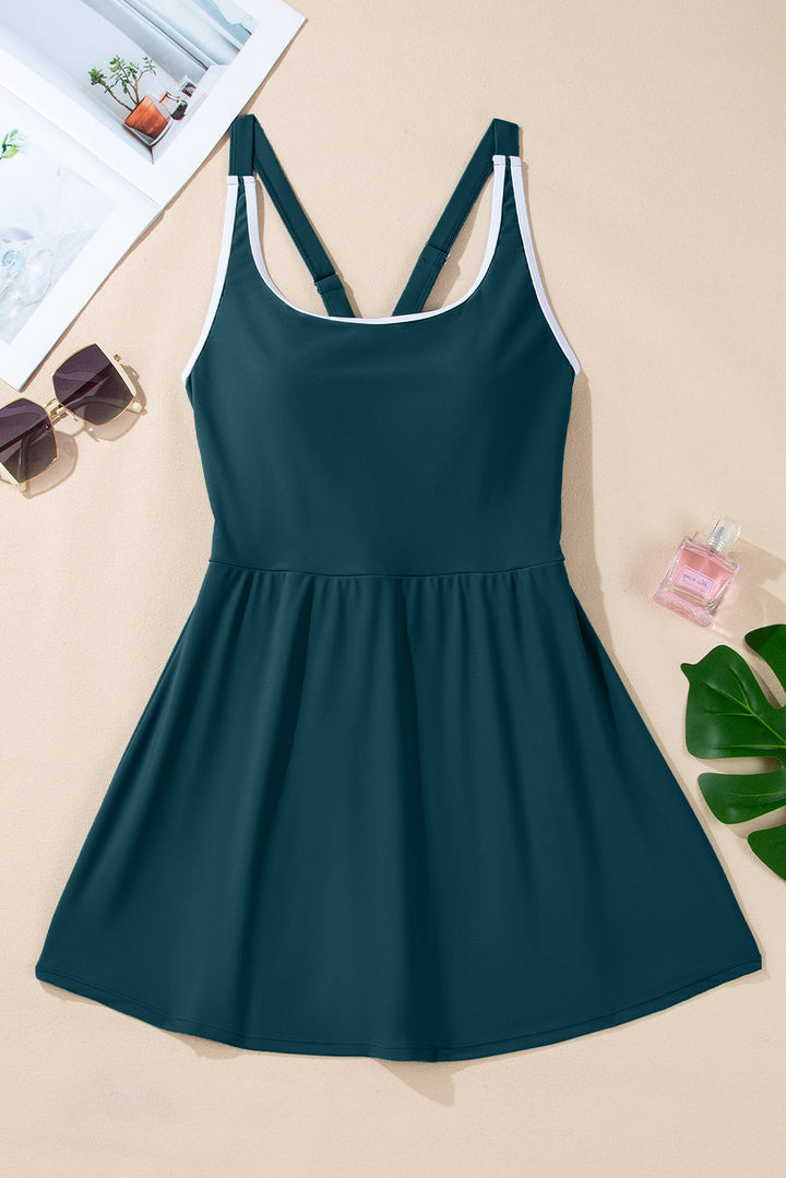 Blue Sapphire Contrast Edge Ruffled High Waist One Piece Swim Dress