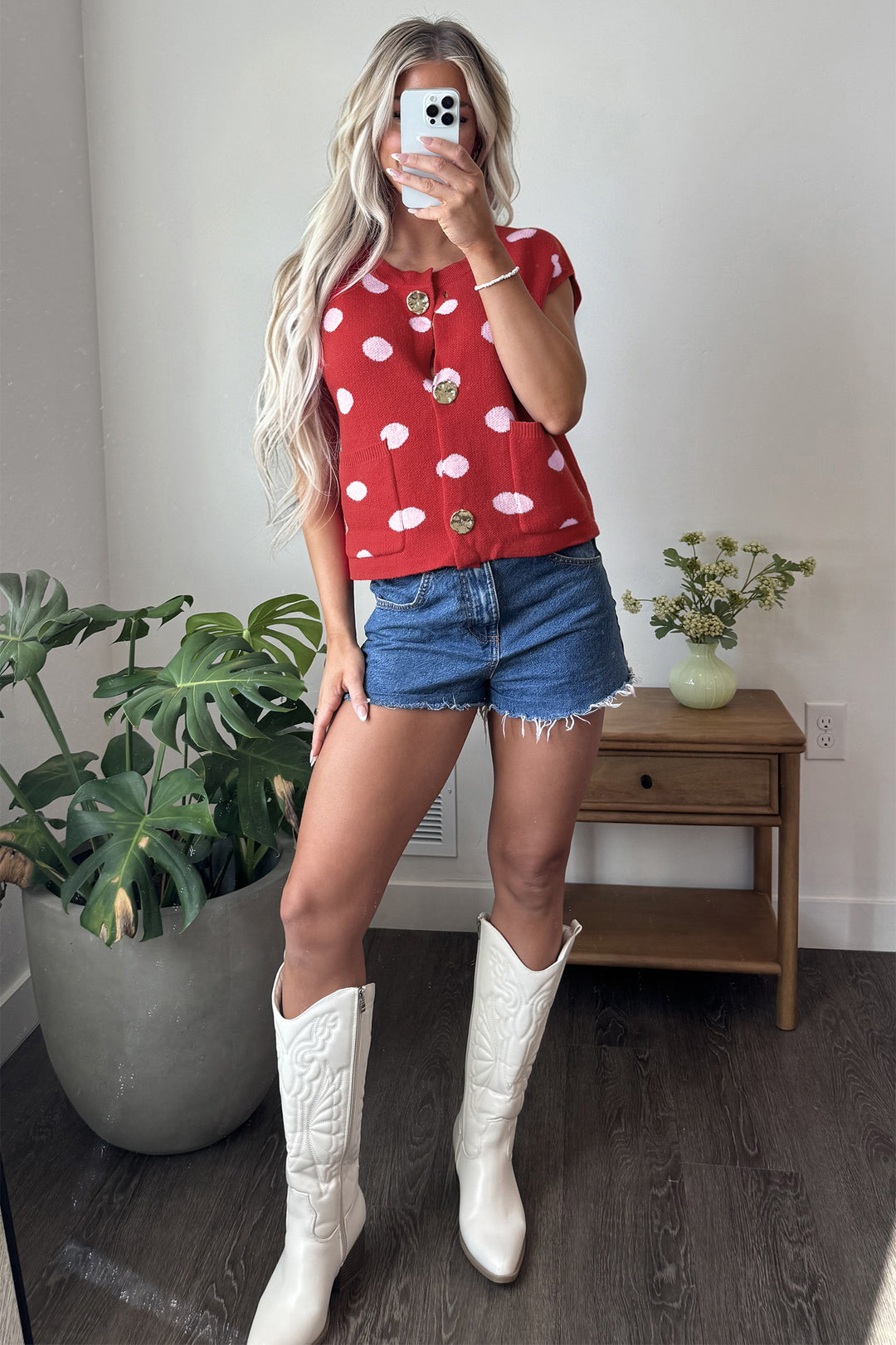 Red Polka Dot Sleeveless Knit Button Drop Shoulder Sweater Vest