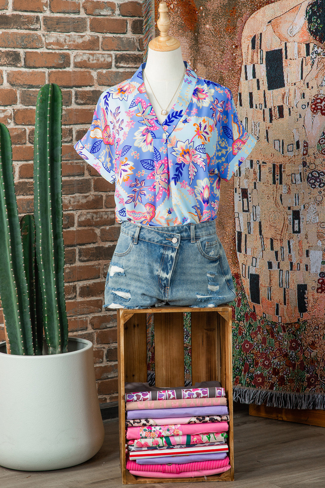 Purple Vacation Floral Print V Neck Short Sleeve Blouse