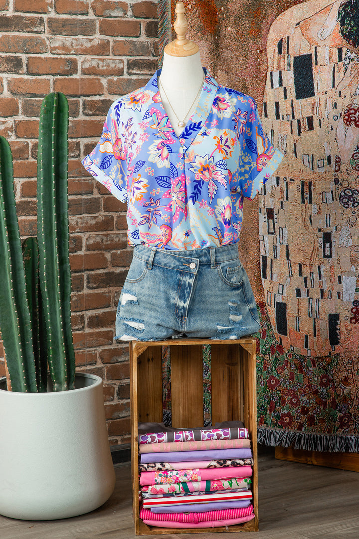 Purple Vacation Floral Print V Neck Short Sleeve Blouse