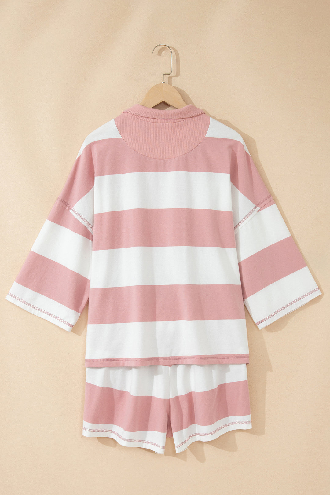 Pink Stripe Half Zip Bracelet Sleeve Top Casual Short Set
