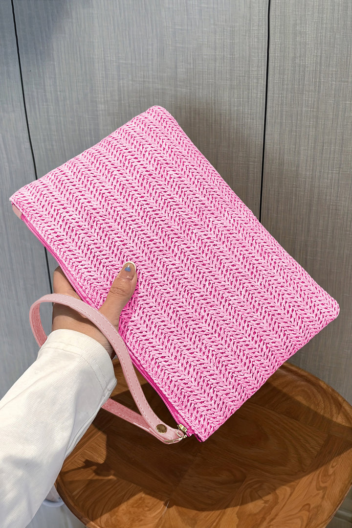 Straw Woven Wrist Strap Zipper Large Wallet