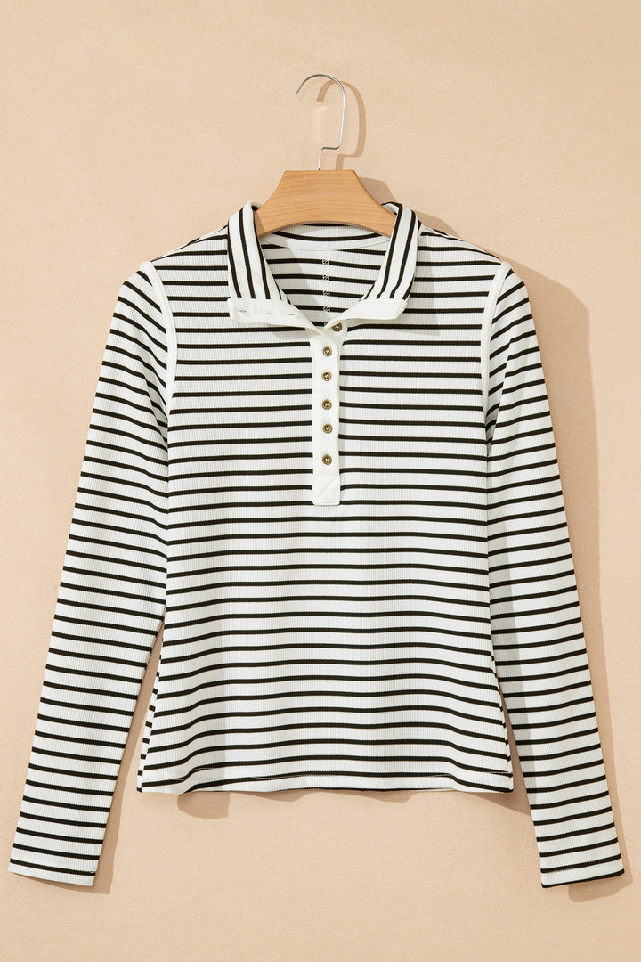 Ribbed Knit Half Button Long Sleeve Slim Top