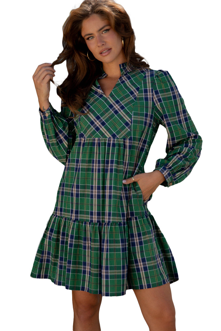 Plaid Print Frilly Collar Long Sleeve Shift Mini Dress