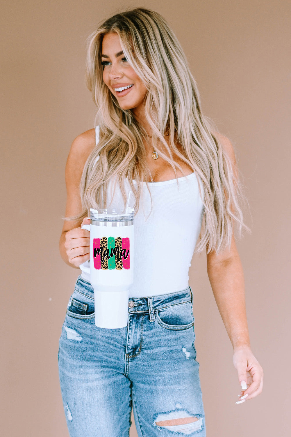 Tasse portable à anse colorée Mama Leopard 40 oz