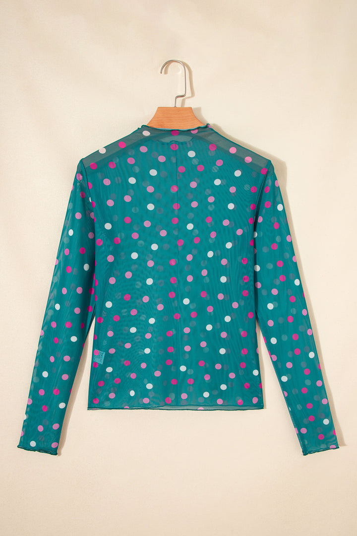 Green Polka Dot Patterned Bodycon Mock Neck Mesh Long Sleeve Top