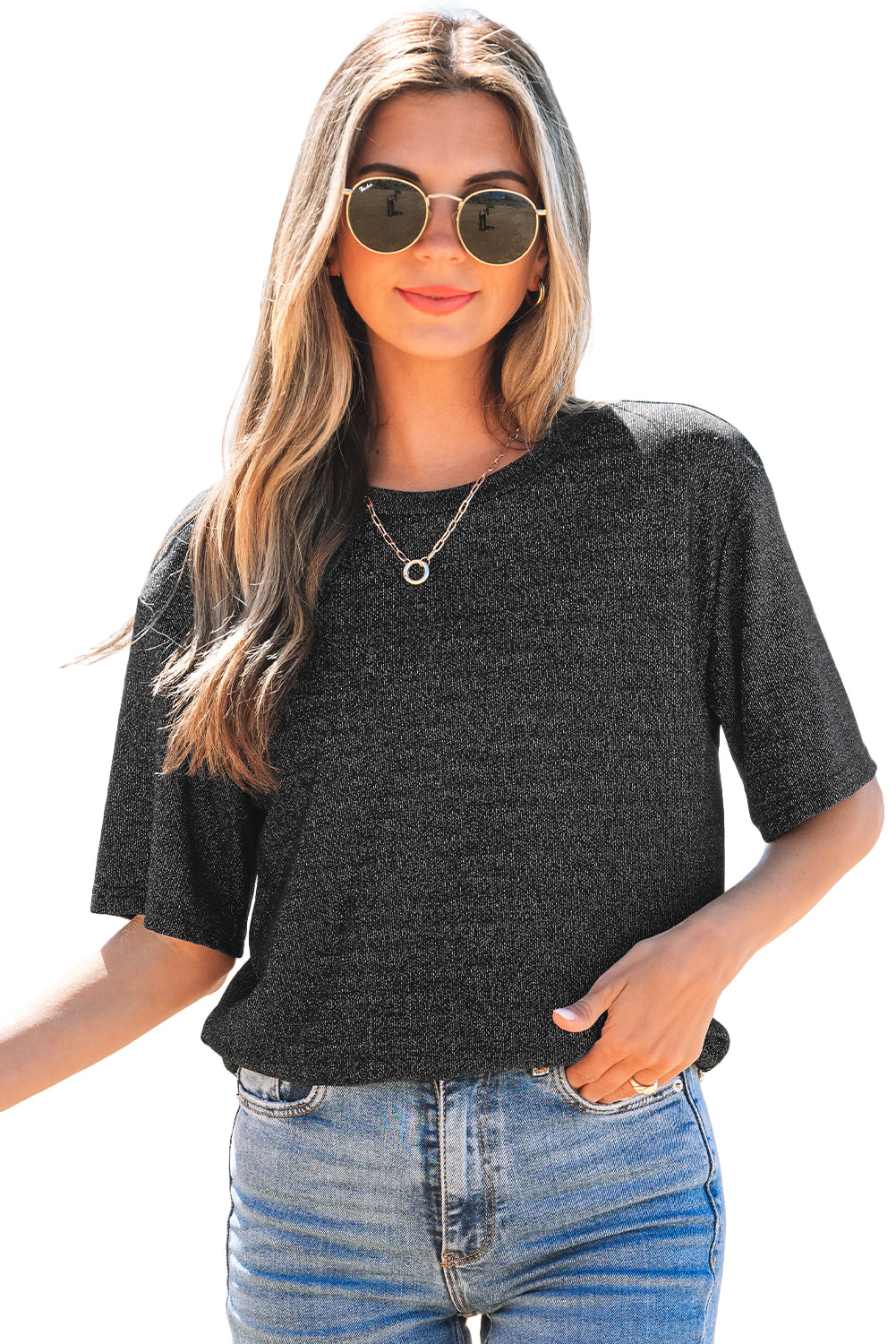 Bow Decor Glittery Short Sleeve Top