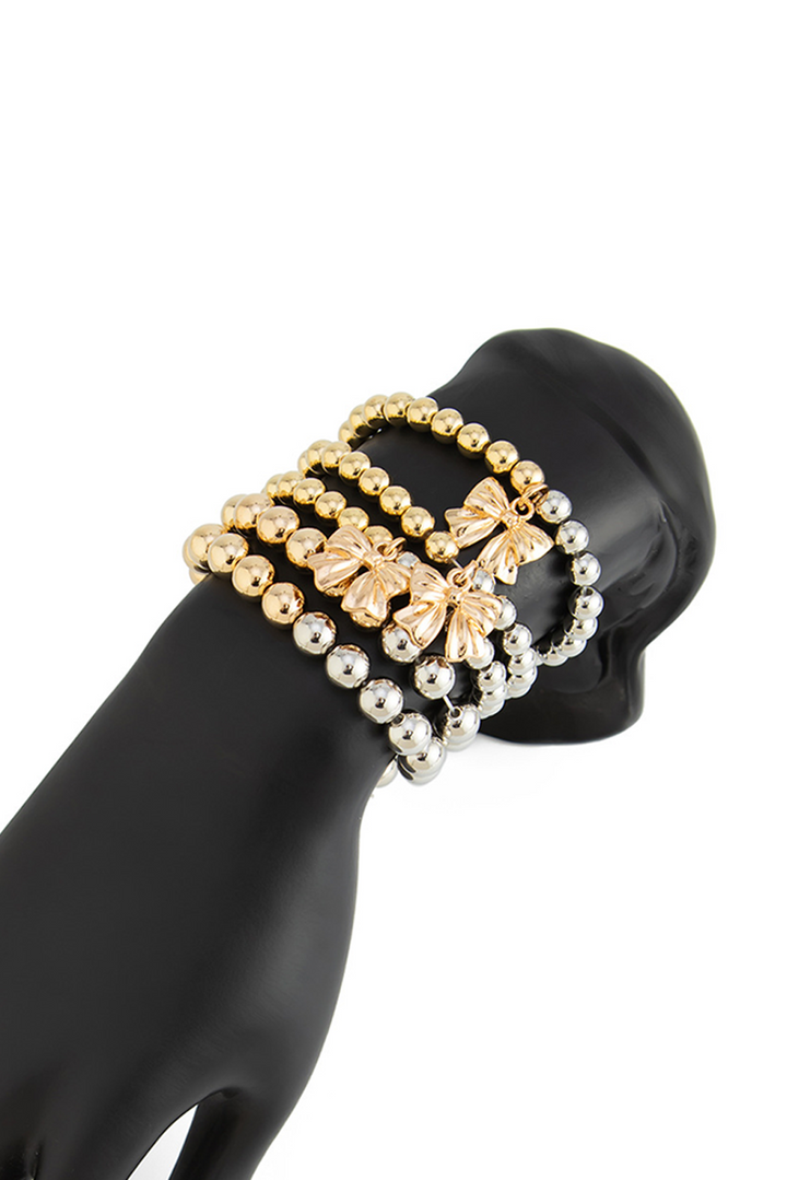Bowknot Charm Color Block Beaded Bracelet Set