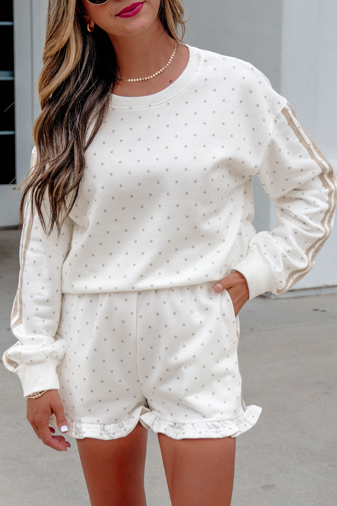 White Polka Dot Print Side Stripe Casual Sweatshirt 2pcs Short Set