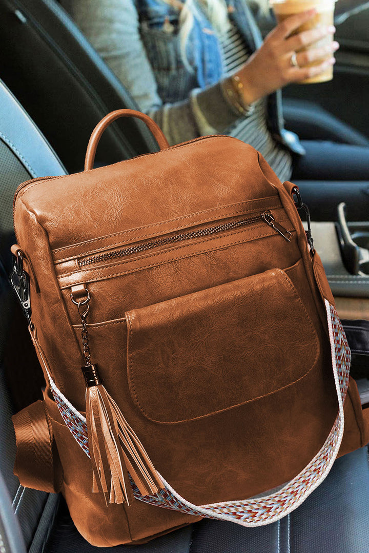 Sac à dos rétro en PU de grande capacité avec décoration à pompons