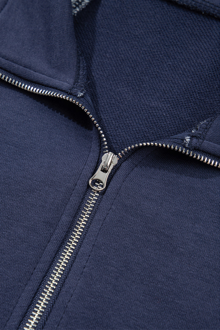 Navy Blue Patchwork Plaid Pocket Quarter Zip Sweatshirt