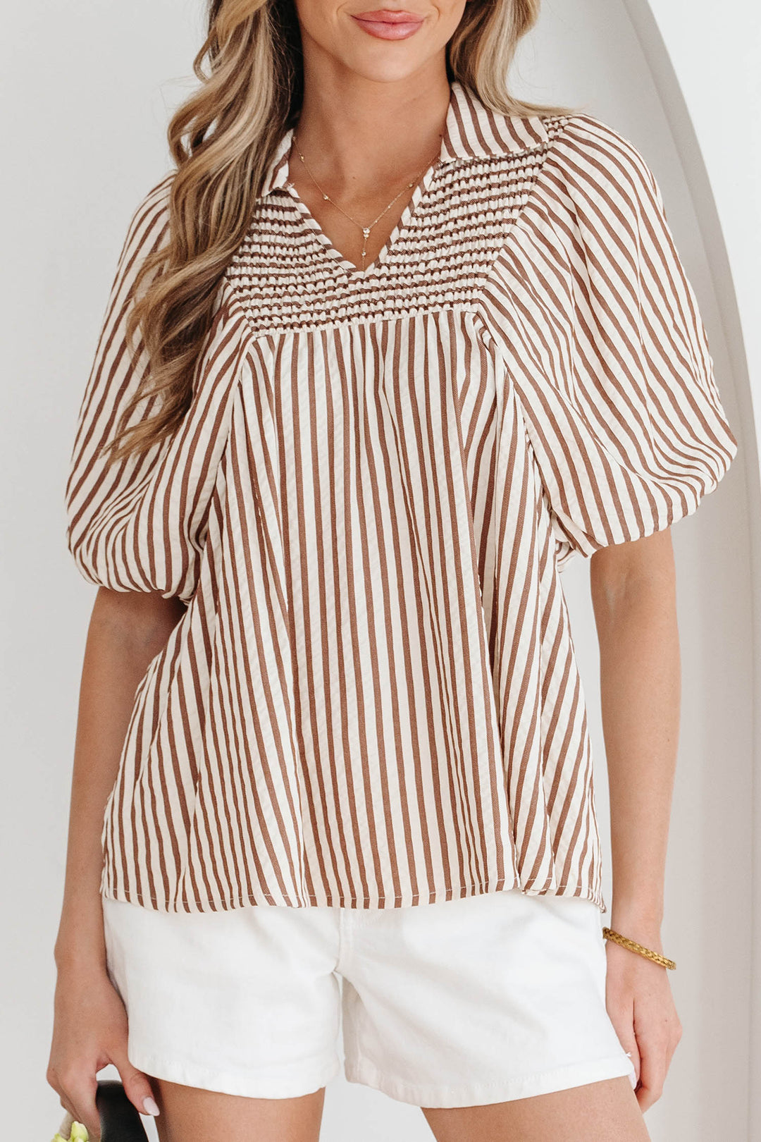 Shirred V Neck Short Puff Sleeve Blouse