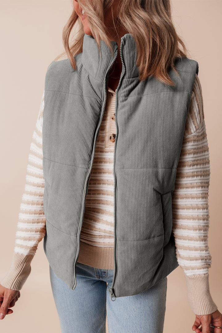 Gray Corduroy Stand Neck Zipped Puffer Vest