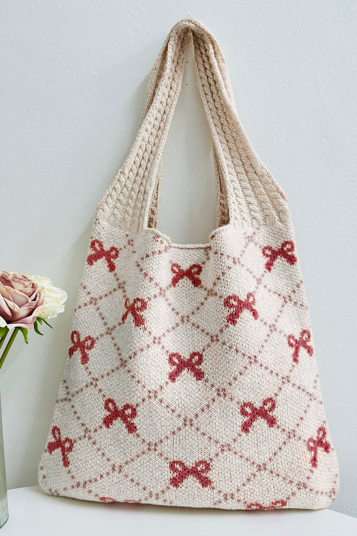 Bow Argyle Pattern Cable Knit Handle Tote Bag