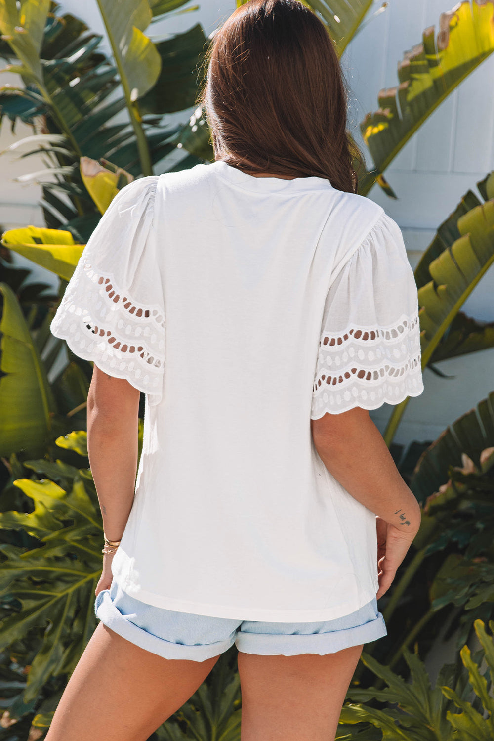 Hollow Out Embroidered Short Sleeve O Neck Top