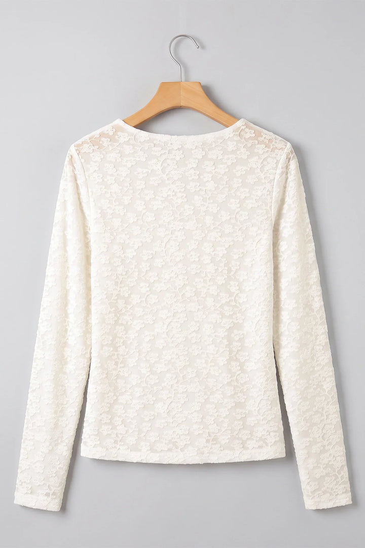 White Solid Color Floral Textured Long Sleeve Top