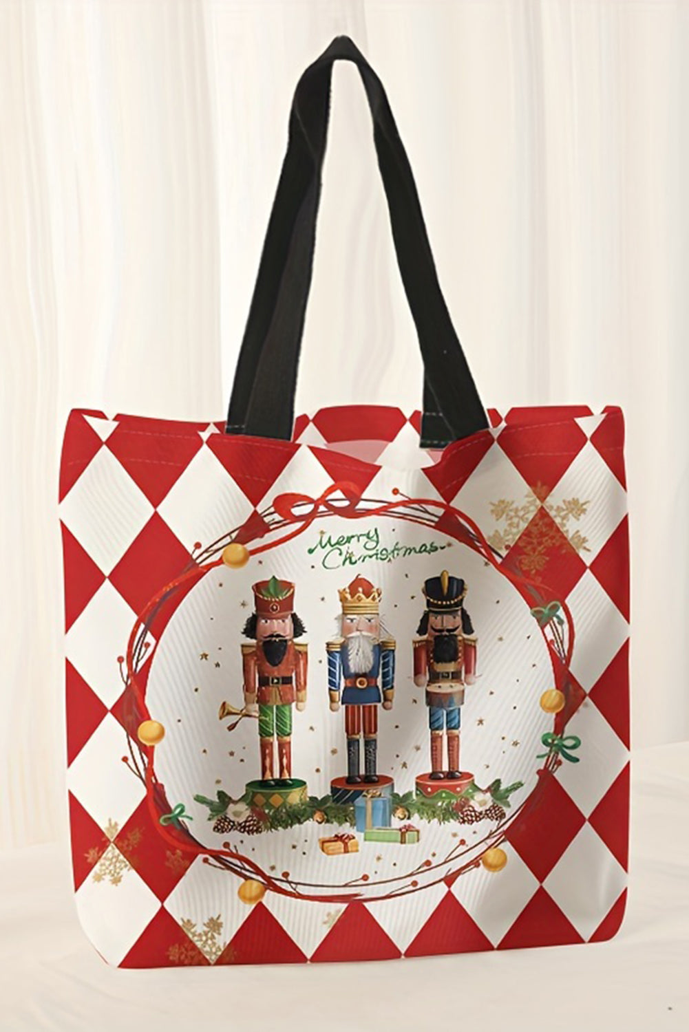 Karierte Schultertasche aus Segeltuch mit „Merry Christmas“-Nussknacker-Aufdruck