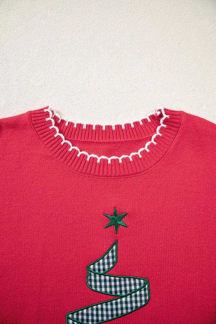 Racing Red Stitched Detail Christmas Tree Holiday Casual Sweater