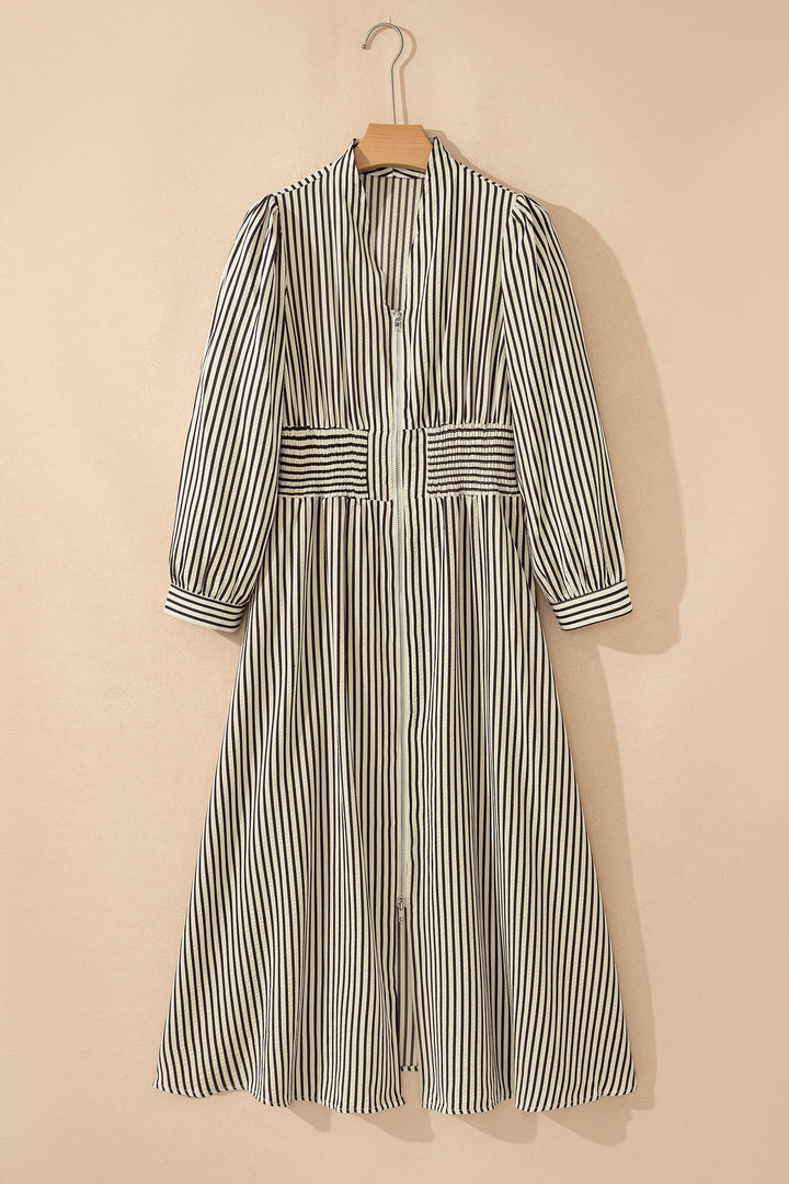 Black Stripe V Neck Zip Front Cinched High Waist Midi Dress