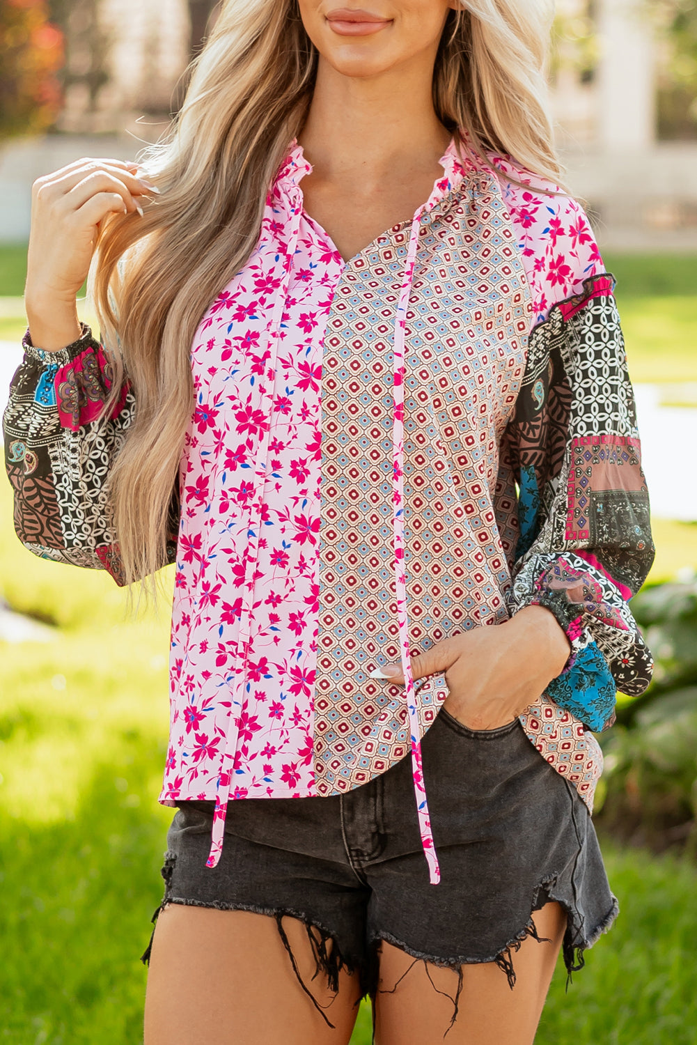 Boho Mixed Floral Drop Shoulder Bubble Sleeve Blouse