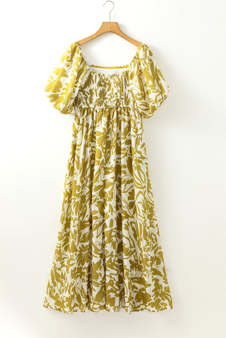 Scalloped Trim Square Neck High Waist Floral Maxi Dress