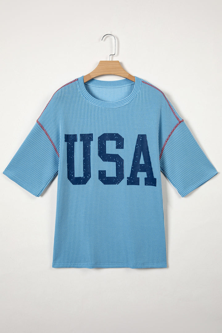 Beau Blue USA Graphic Half Sleeve Loose Ribbed Top
