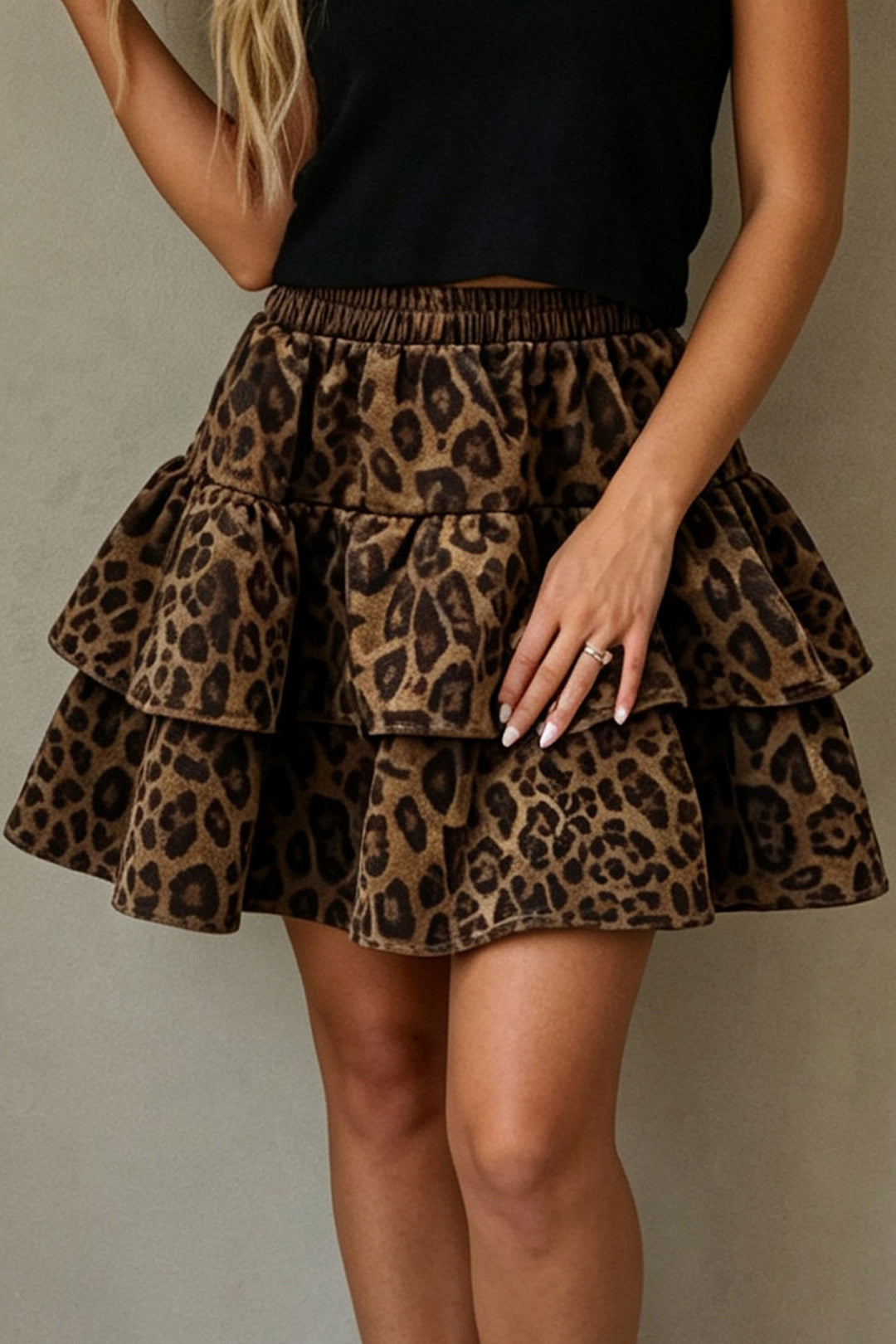 Brown Leopard Print Tiered Elastic Waist Mini Skirt