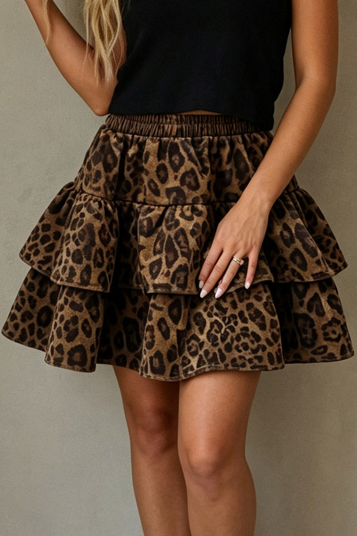 Brown Leopard Print Tiered Elastic Waist Mini Skirt