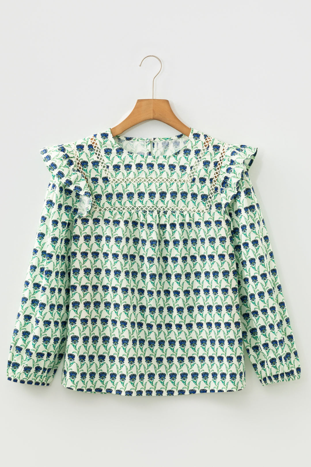 Floral Print Lace Detail Ruffle Trim Long Sleeve Blouse
