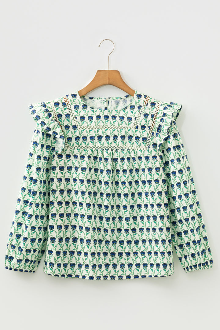 Floral Print Lace Detail Ruffle Trim Long Sleeve Blouse