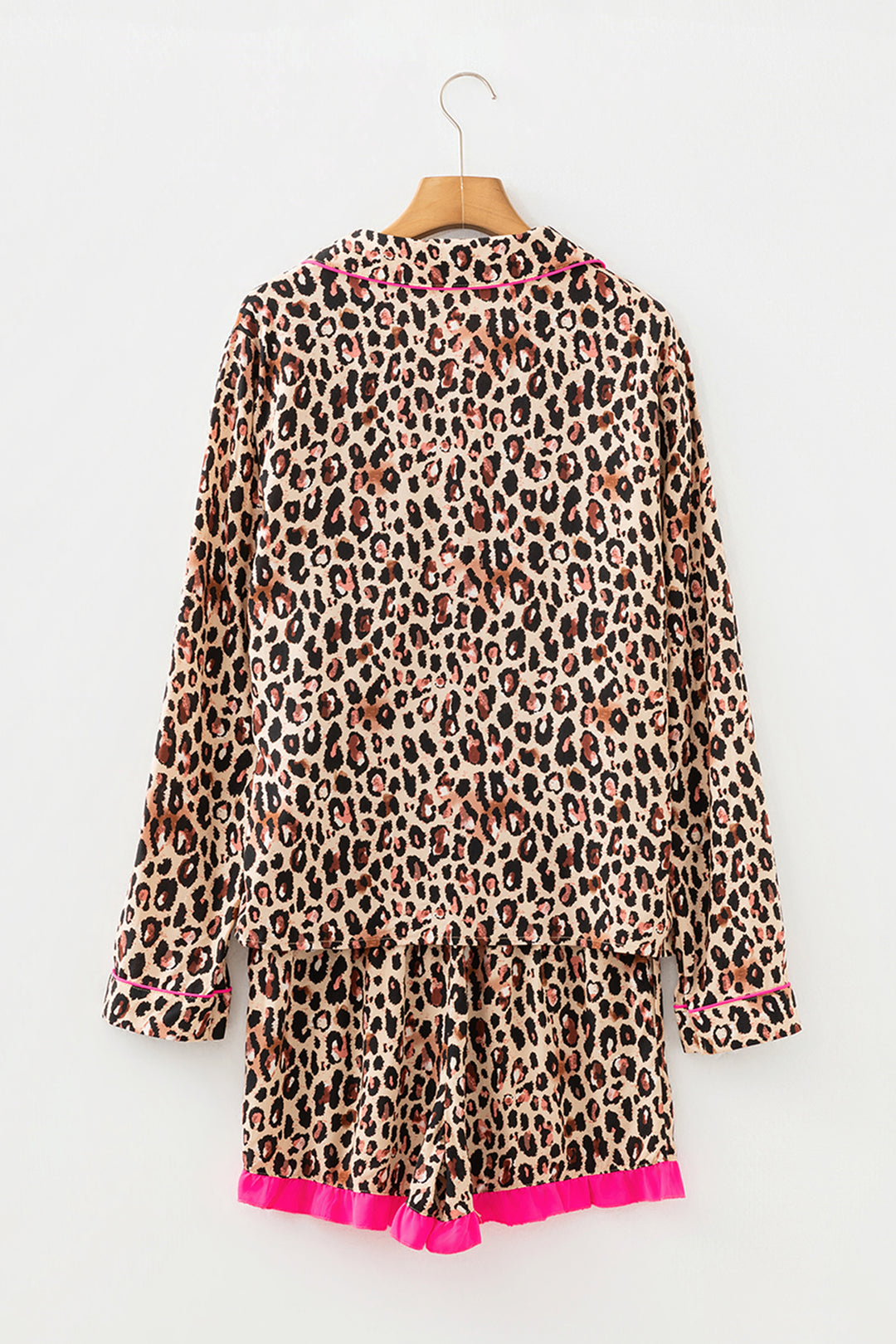 Light French Beige Leopard Print Contrast Trim Long Sleeve Shirt Drawstring Ruffle Hem Short Set