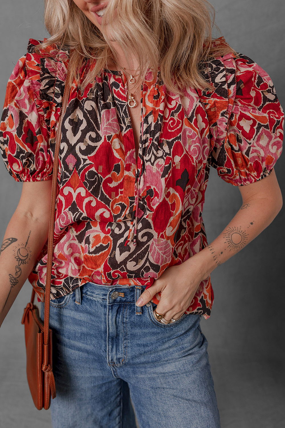 ethnic print split neck short puff sleeve blouse