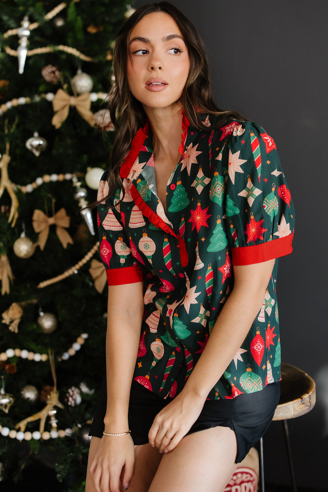 Christmas Fashion Print Contrast Trim Frilled Neck Short Sleeve Blouse