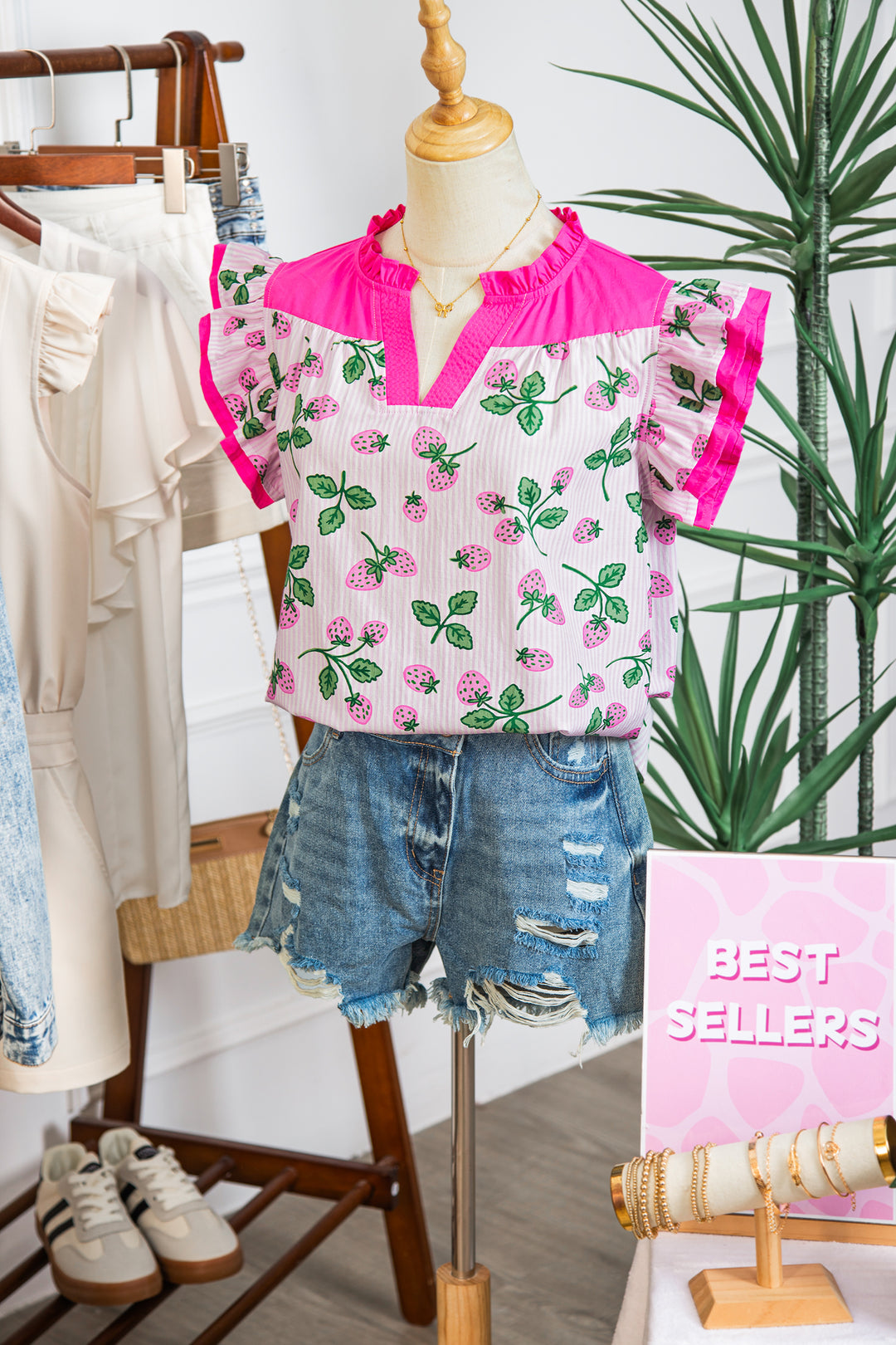 Striped Strawberry Printed Color Block Patchwork V Neck Flutter Sleeve Blouse